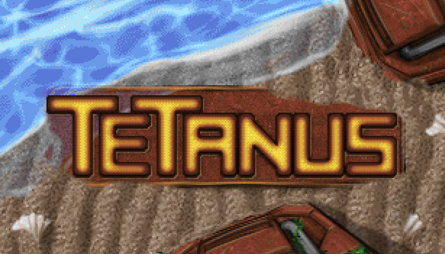 The Tetanus logo, shown from a top-down perspective over a beach.