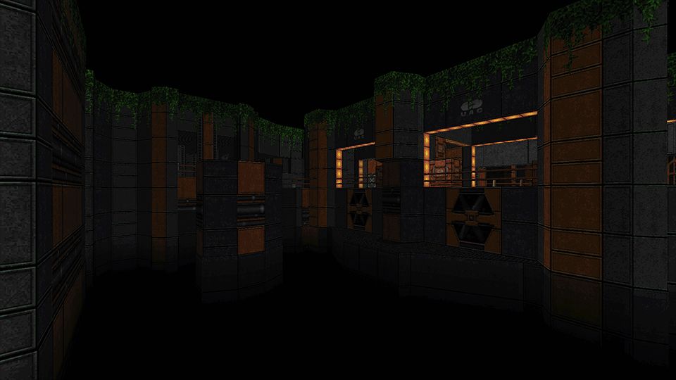 Dark lit halls with dim orange industrial lighting