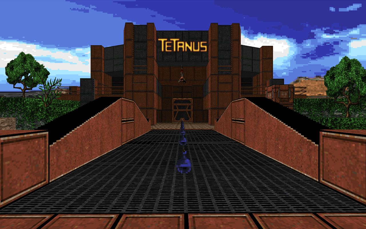 The Tetanus logo glows above a large building. In the distance, the remains of some poor soul can be seen.