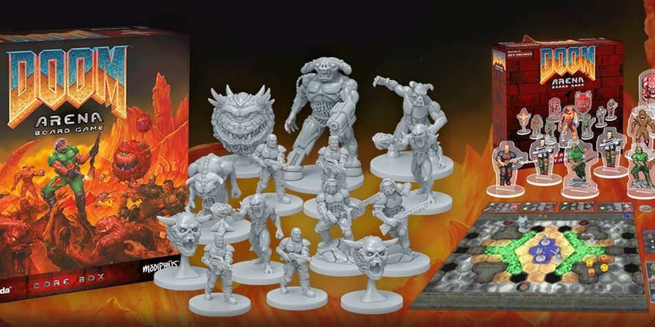 DOOM Arena Board Game's Core box along with a look at the game board, plastic standee and PVC miniatures.