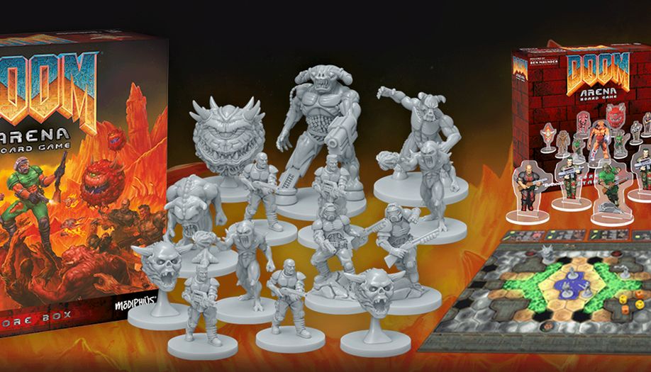DOOM Arena Board Game's Core box along with a look at the game board, plastic standee and PVC miniatures.
