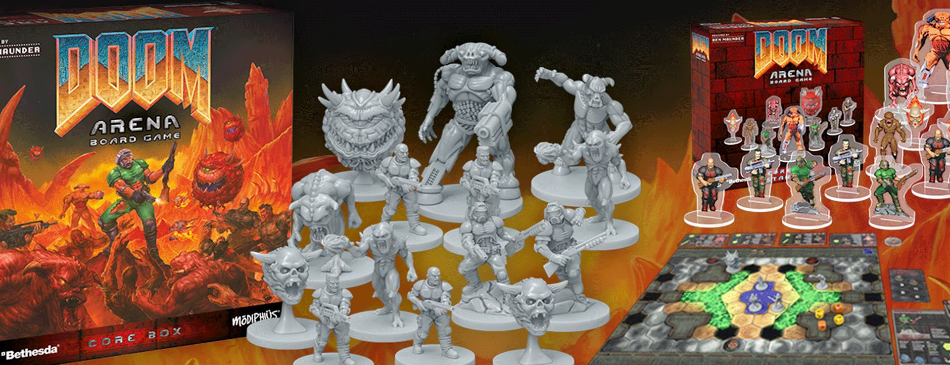 DOOM Arena Board Game's Core box along with a look at the game board, plastic standee and PVC miniatures.