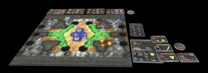 A look at DOOM Arena Board Game in action with the map, dice, cards and miniatures in play.
