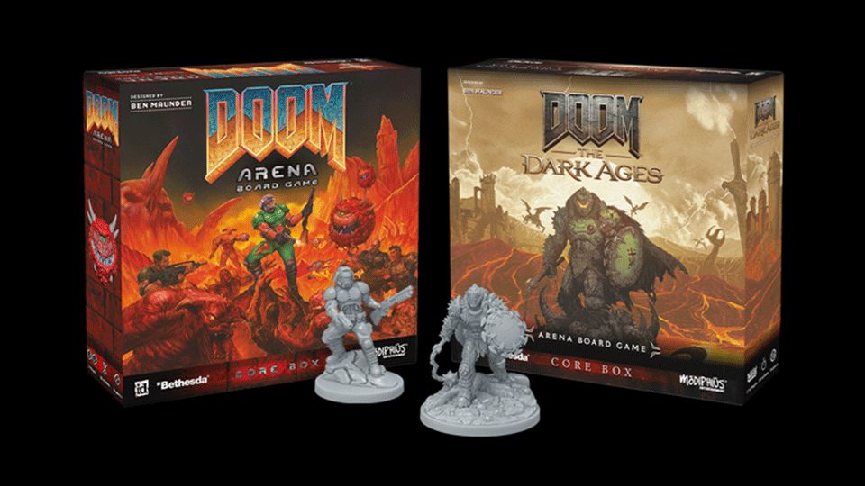 DOOM Arena Board Game's two versions: one based on DOOM (1993) and one based on DOOM: The Dark Ages with their own DOOM Slayer miniature