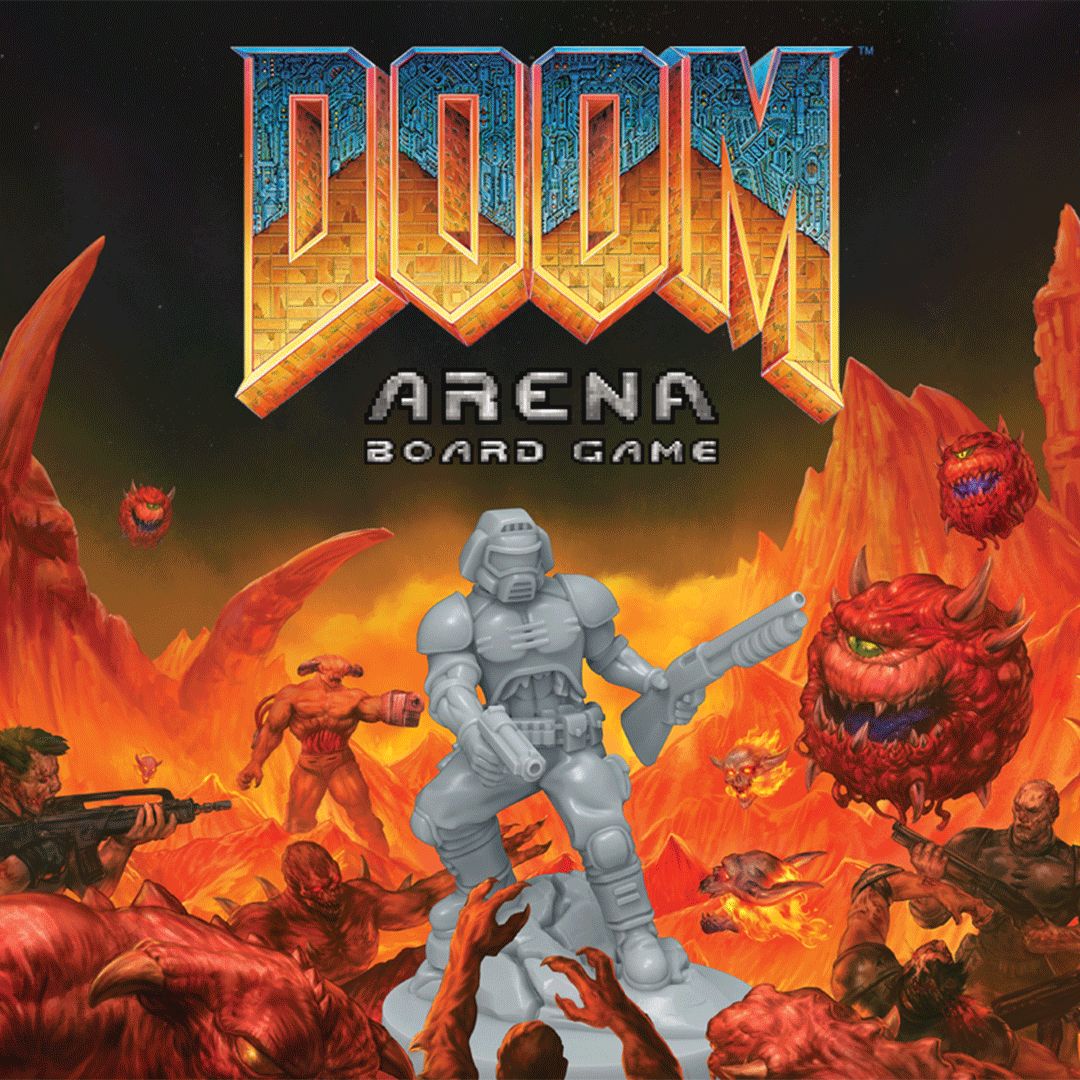 Production image of a Doomguy miniature in the classic DOOM (1993) box art pose.