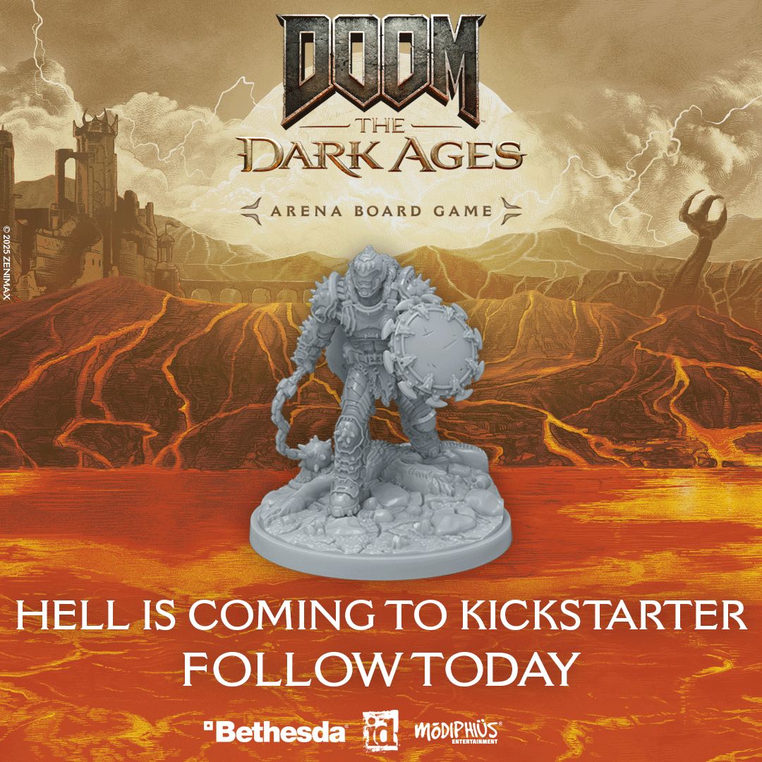 A production image of a DOOM Slayer miniature with the call to action to follow the DOOM Arena Board Game Kickstarter