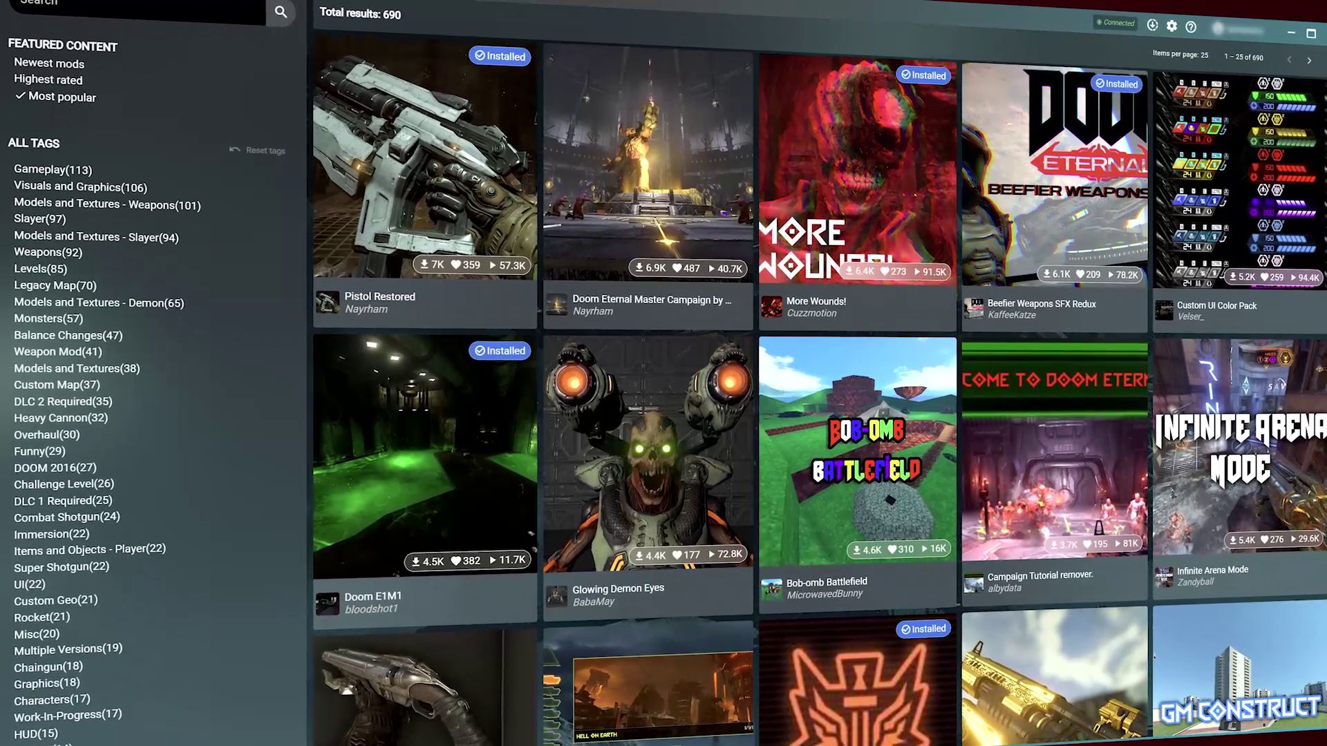 Image of the Mods Browser from DOOM Eternal.
