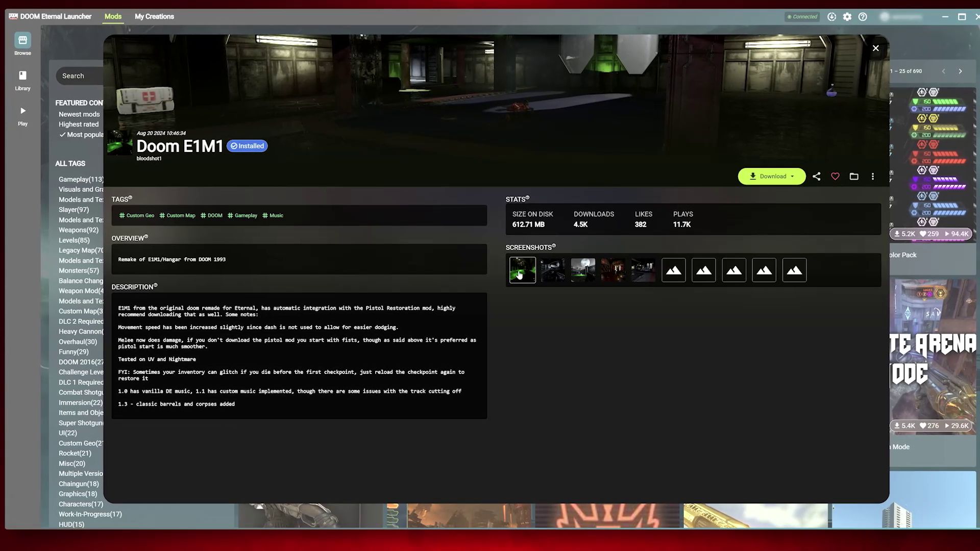 Image of DOOM Eternal's Mods Browser mod description.