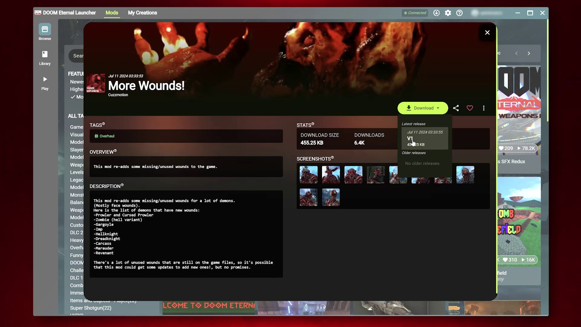 Image of selecting download in DOOM Eternal Mods Browser.