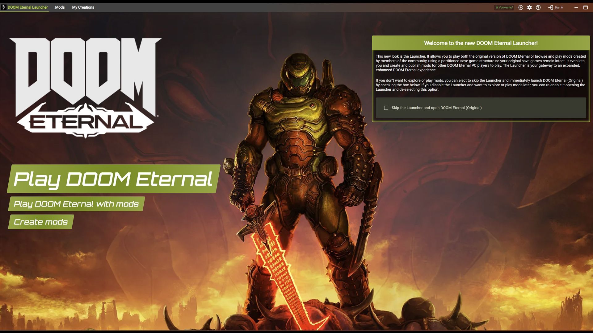 Image of DOOM Eternal Launcher which greets players in the PC Mods Update.
