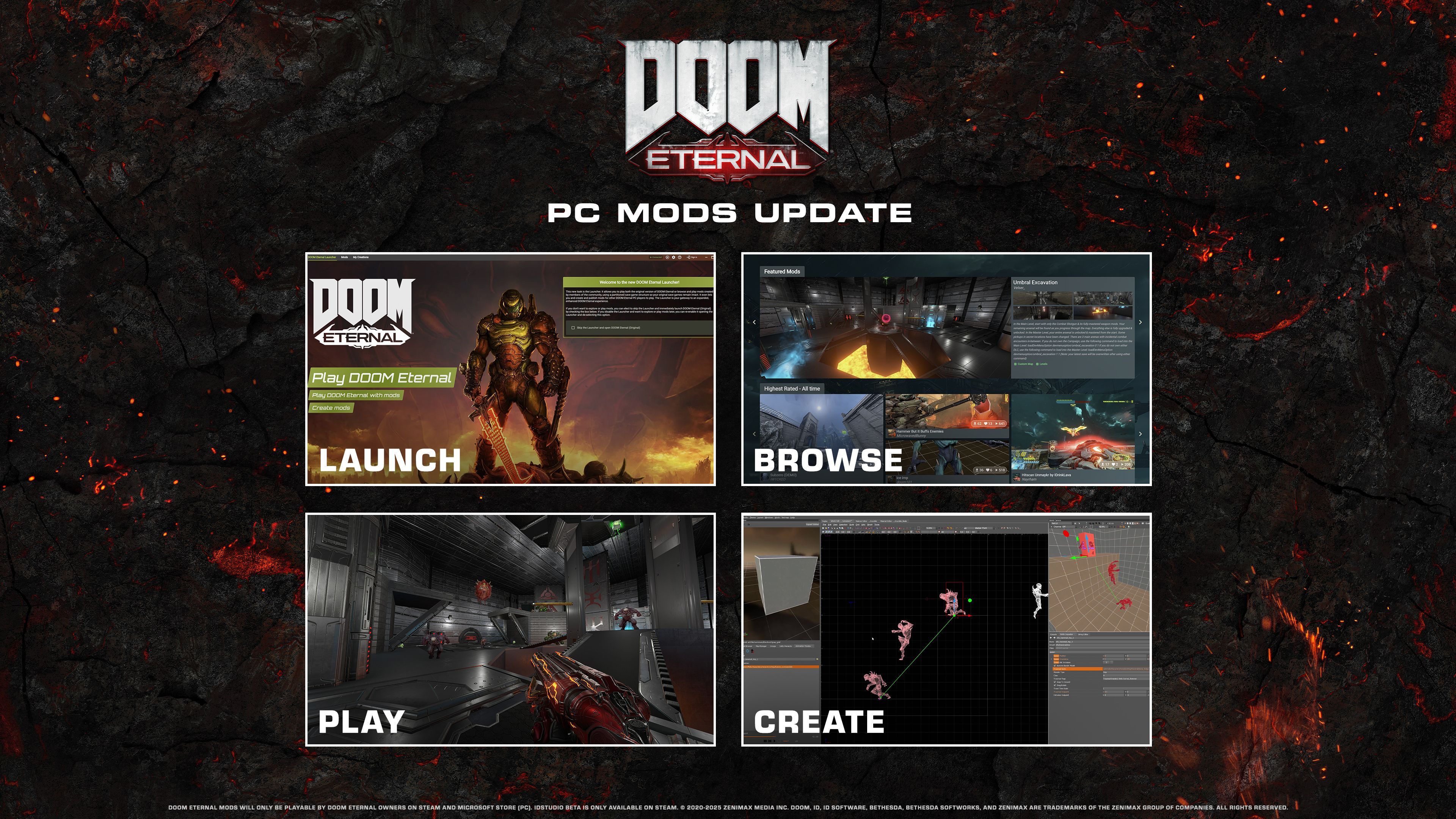 Image of DOOM Eternal PC Mods Updates showing four squares: Launch, Browse, Play, and Create.