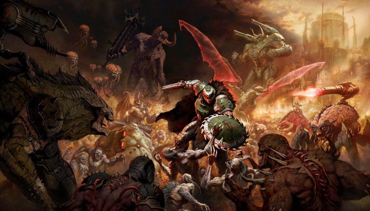 Key art of the DOOM Slayer battling hordes of demons