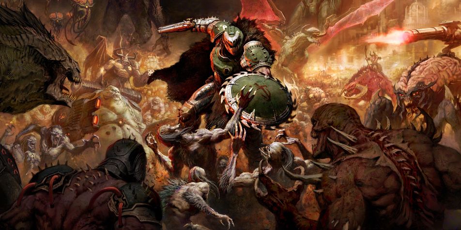 The DOOM Slayer holds his Shotgun and Shield Saw as he takes on a horde of monsters.