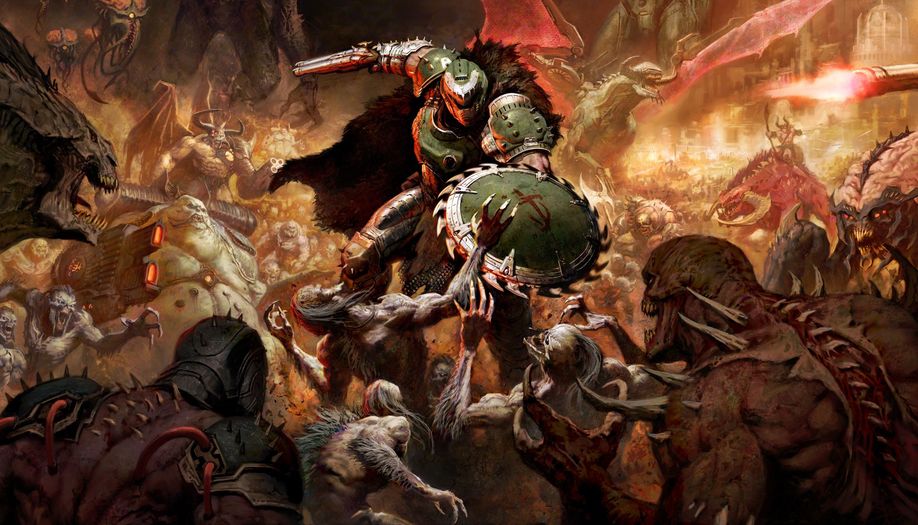 The DOOM Slayer holds his Shotgun and Shield Saw as he takes on a horde of monsters.
