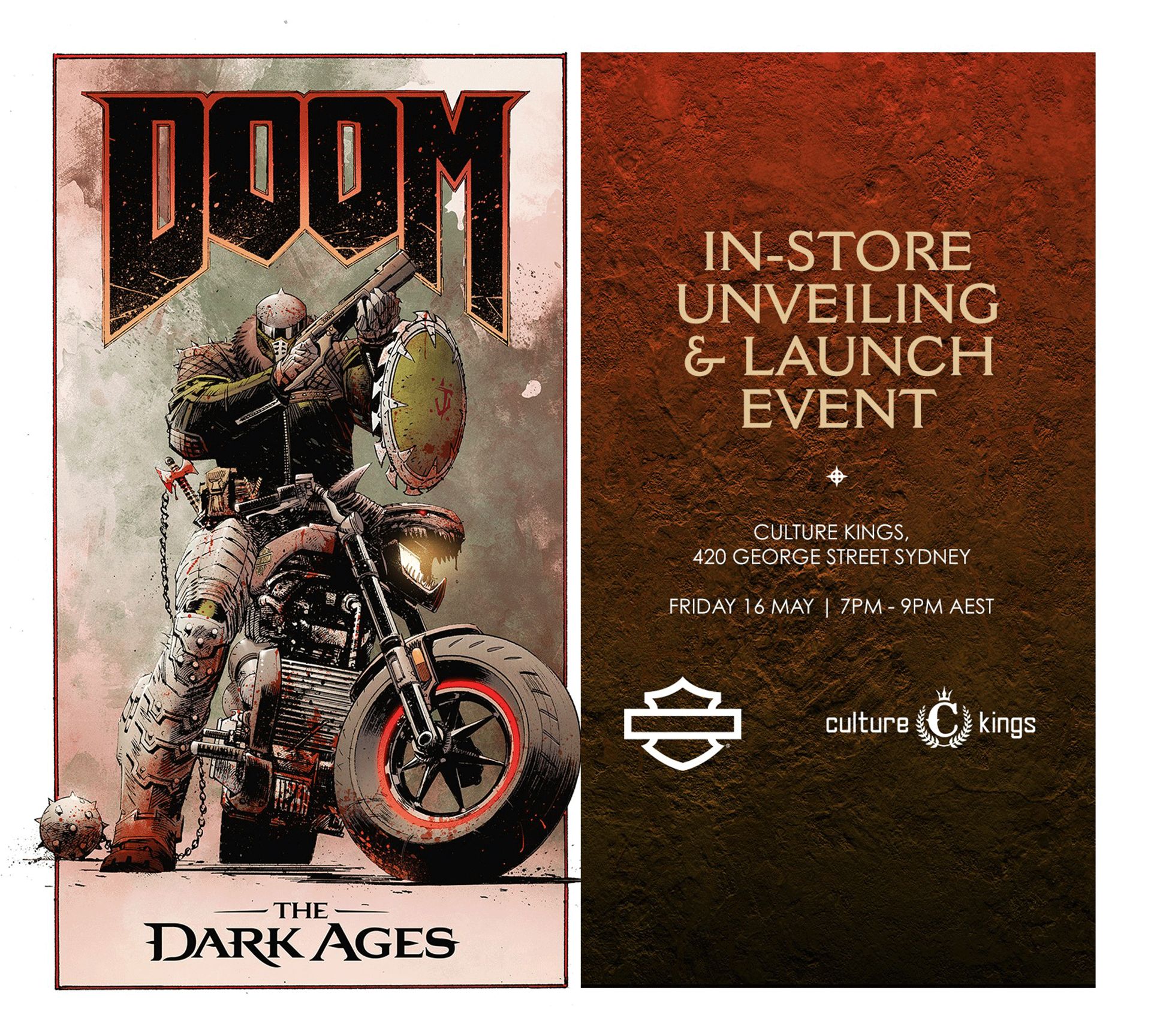 Artwork of the DOOM Slayer on a motorcycle promoting the Launch Event