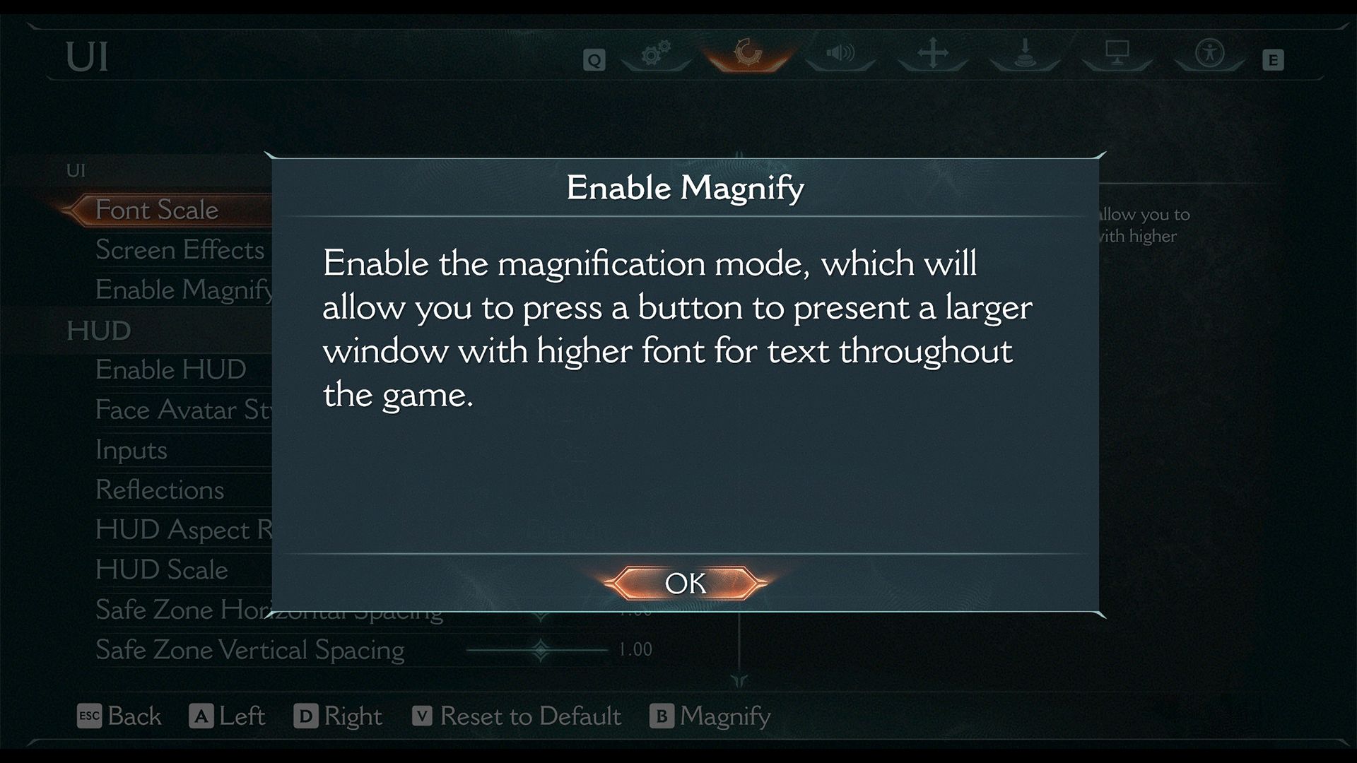 This shows the Menu with Magnification Mode selected. The Magnification mode description is enlarged and placed over the Menu.