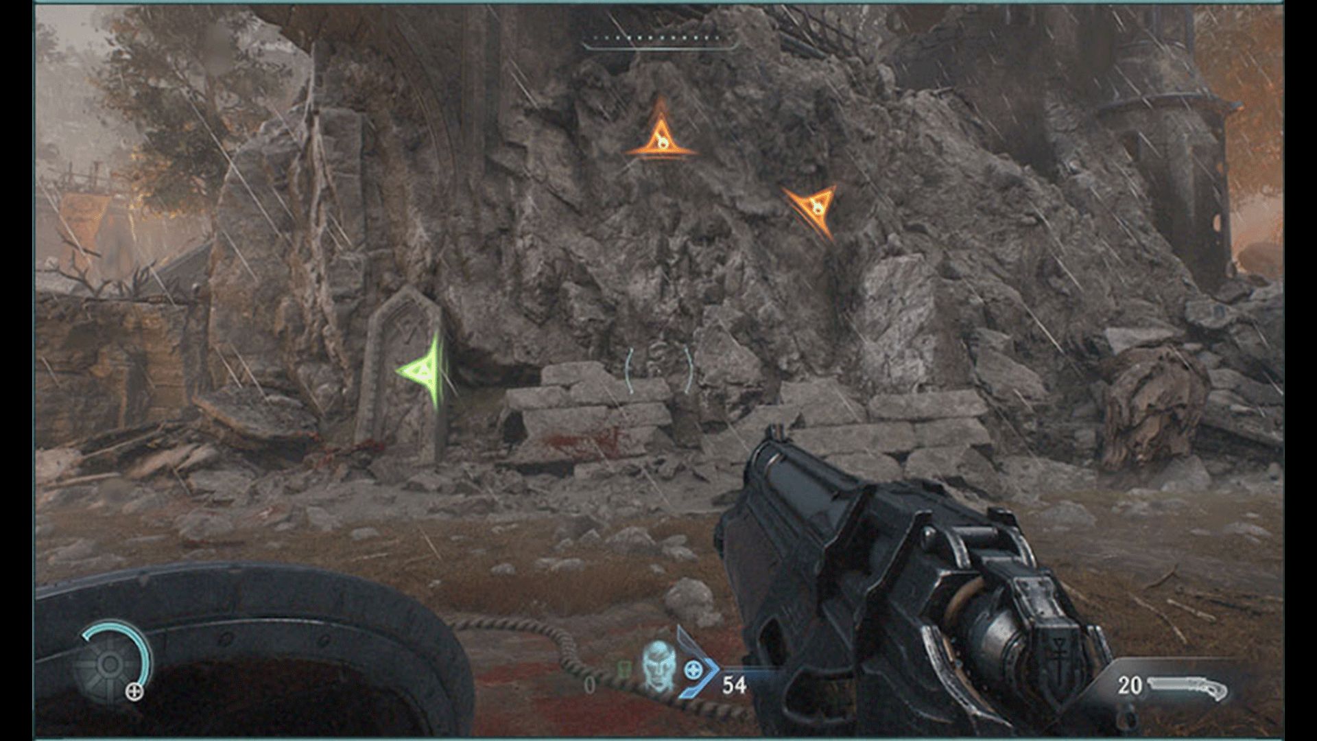 There are three on-screen indicators in this scene illustrating the Threat Detector setting. One indicator is a separate color to inform the player that the incoming attack can be parried.