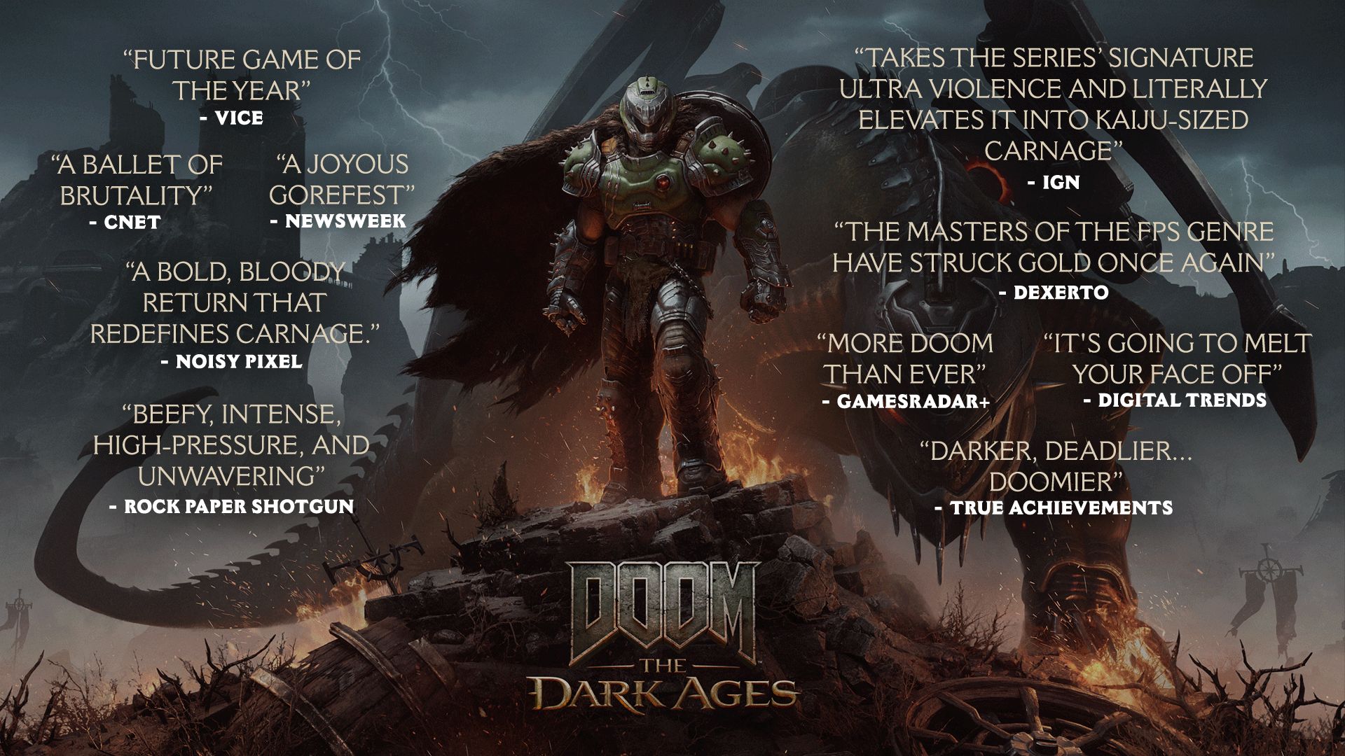 Graphic featuring key art of the DOOM Slayer amidst glowing preview quotes from outlets.
