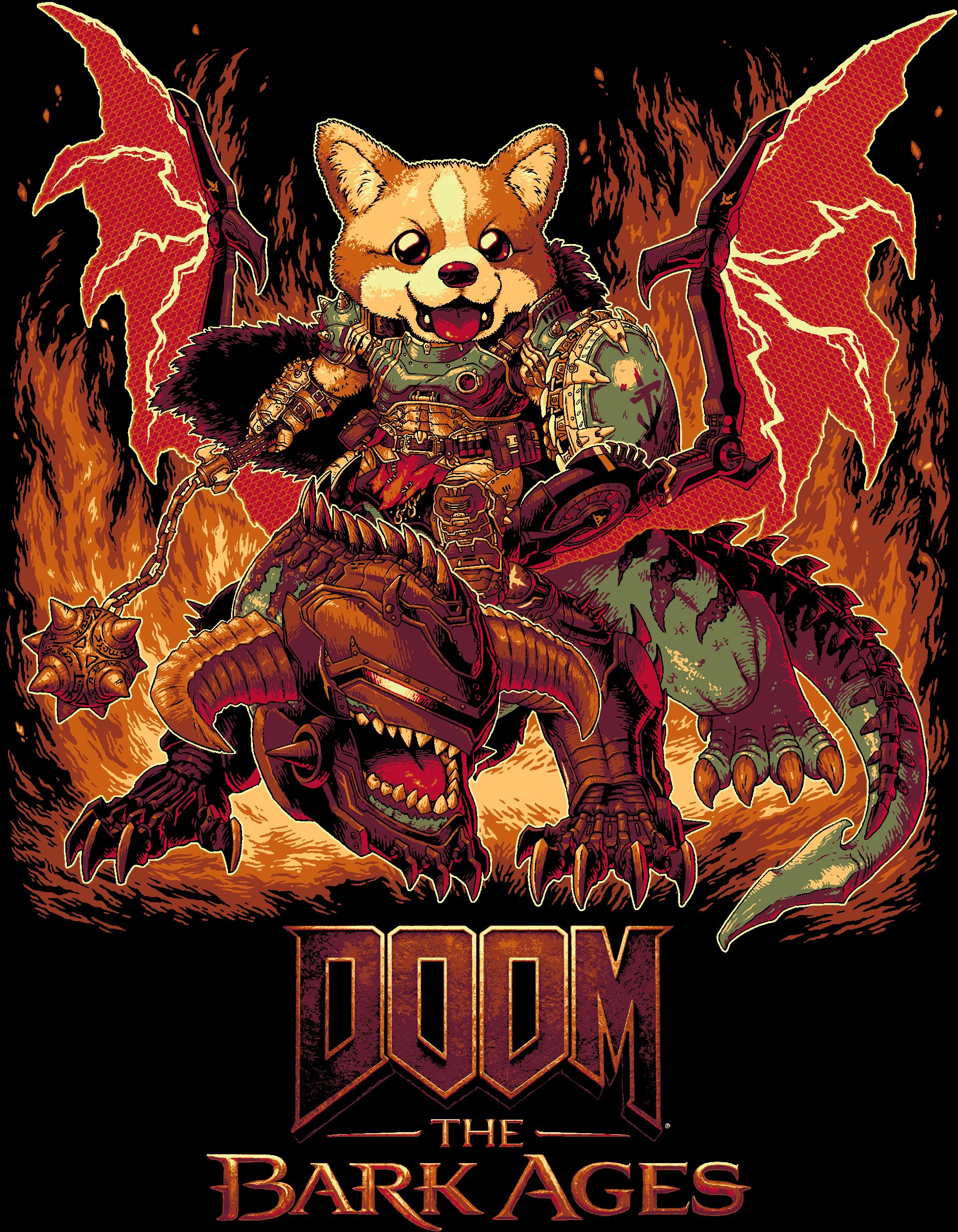 Full artwork of the DOOM Slayer as a corgi riding Serrat the Mecha Dragon.
