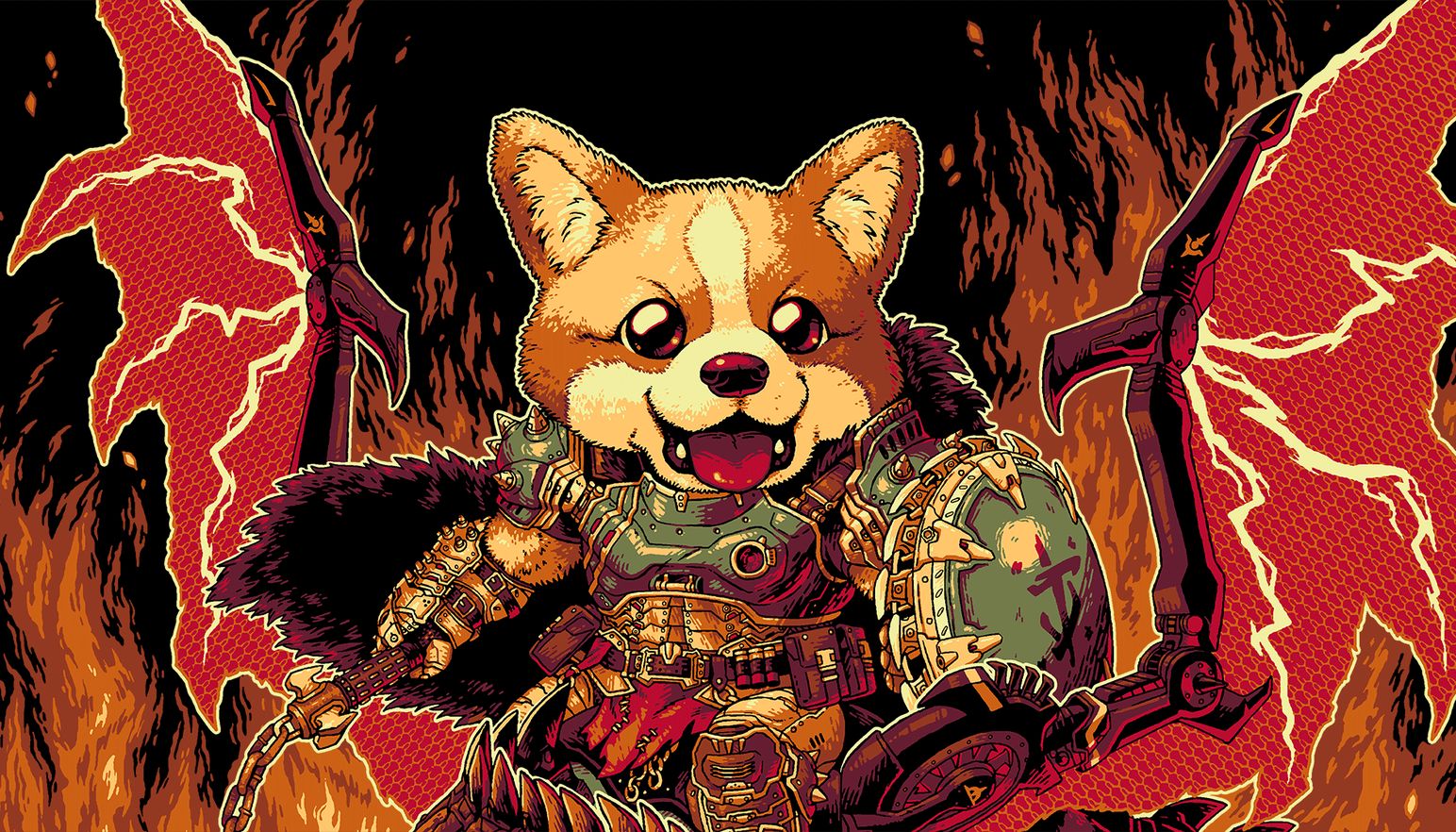 A rendition of the DOOM Slayer as a corgi smiles at the viewer.