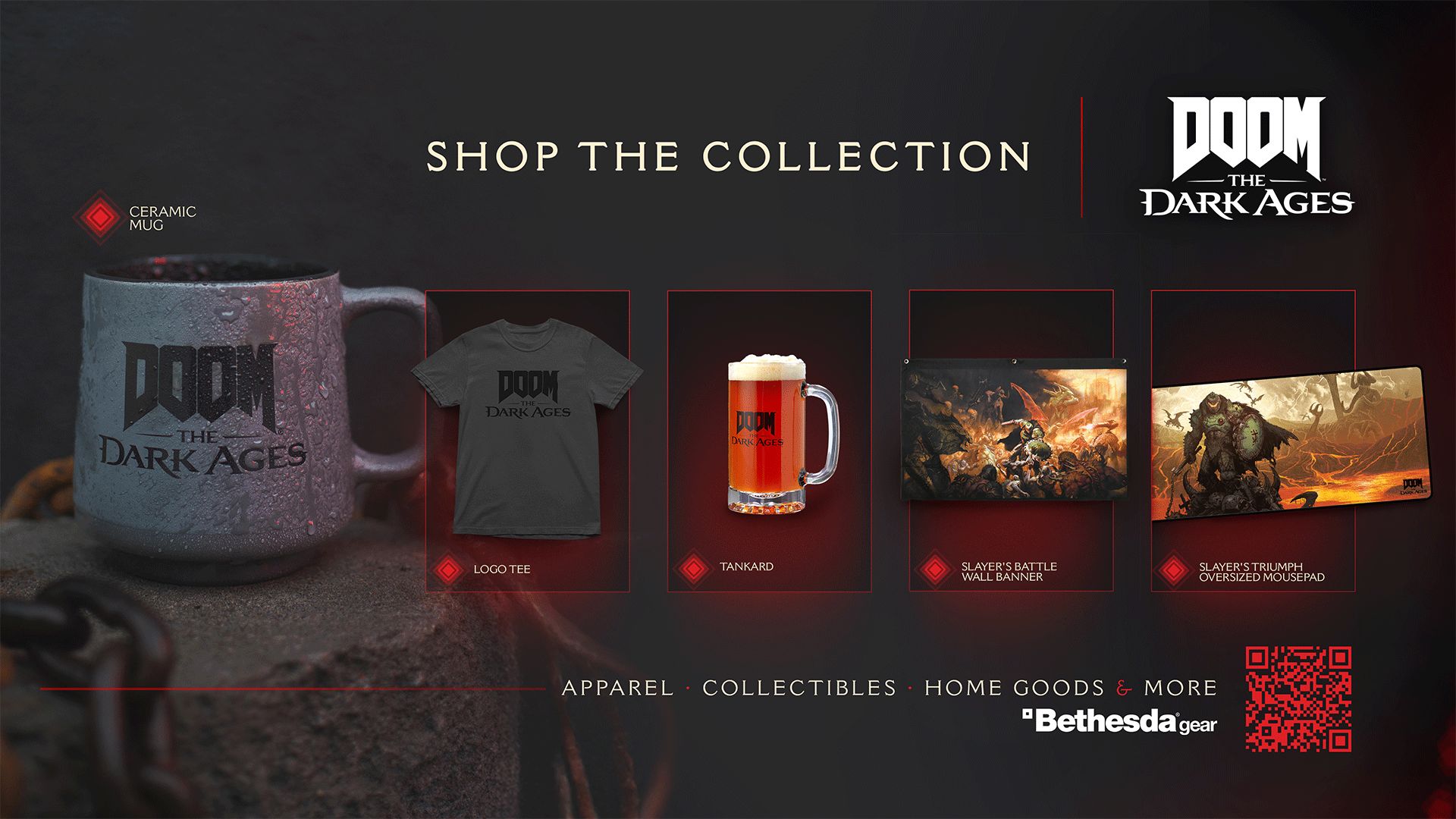 The DOOM: The Dark Ages Collection, including drinkware, lithographs, t-shirts and more