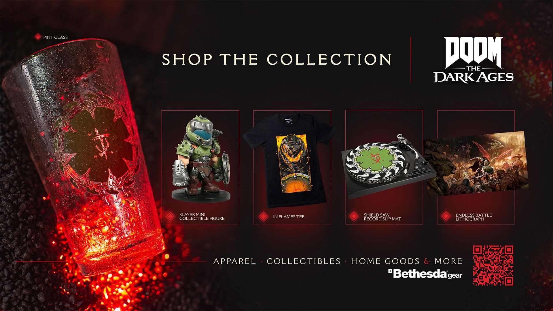The DOOM: The Dark Ages Collection, including the Mini DOOM Slayer collectible figure, wall art, accessories and more!