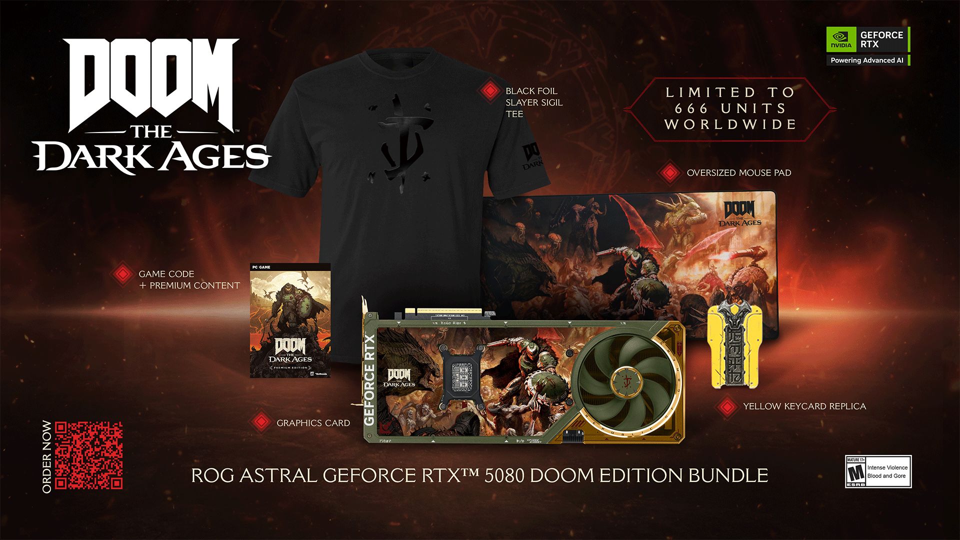 The ROG Astral GeForce RTX 5080 DOOM Edition Bundle, including a limited edition GPU, Key Card replica and more!