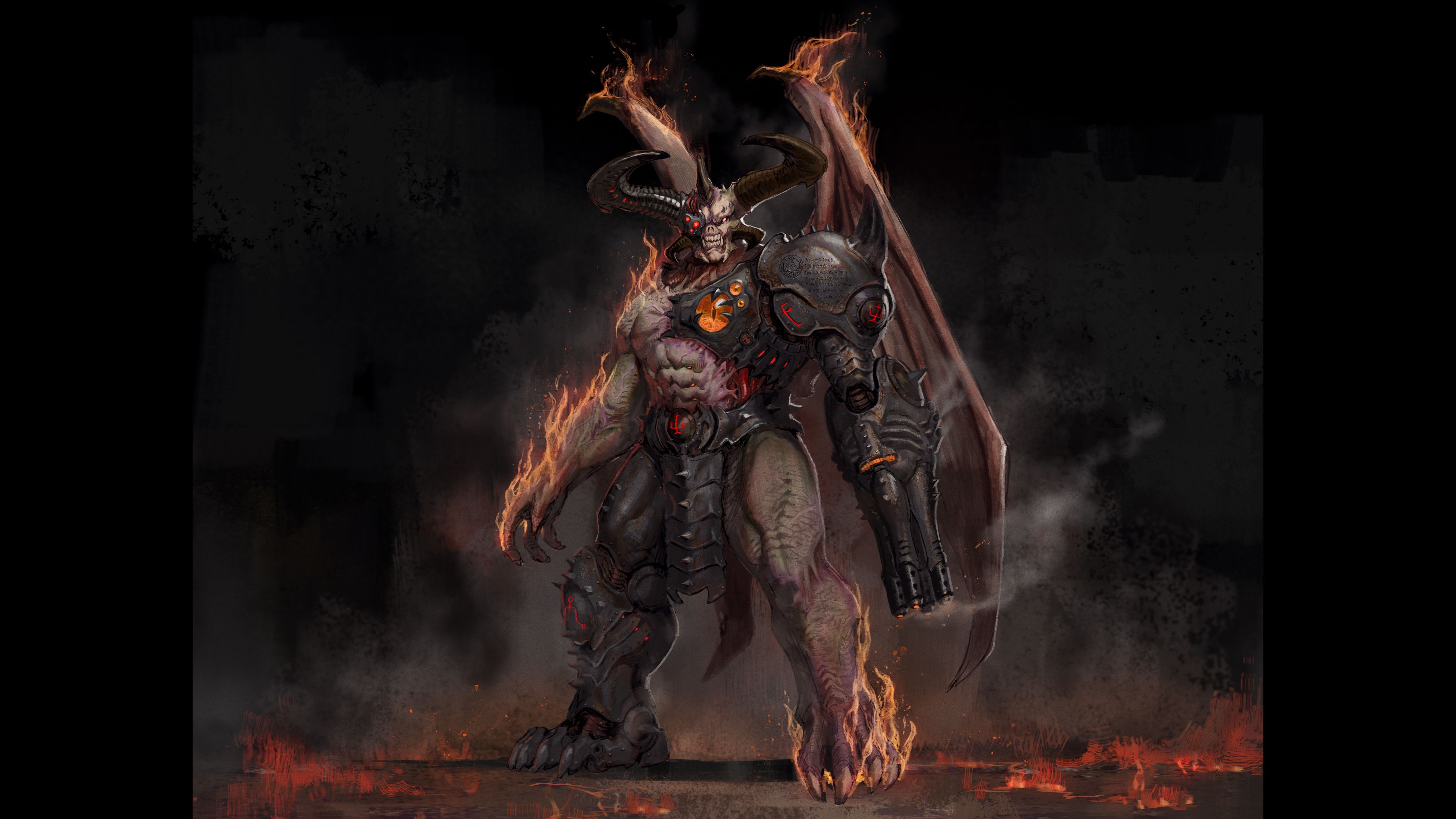 Concept artwork of the Cyberdemon, standing tall and menacingly.