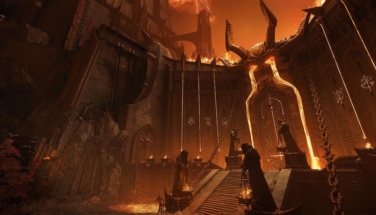 The gates of the Forsaken Plains look on, as lava flows from the eyes of an intimidating sculpture.