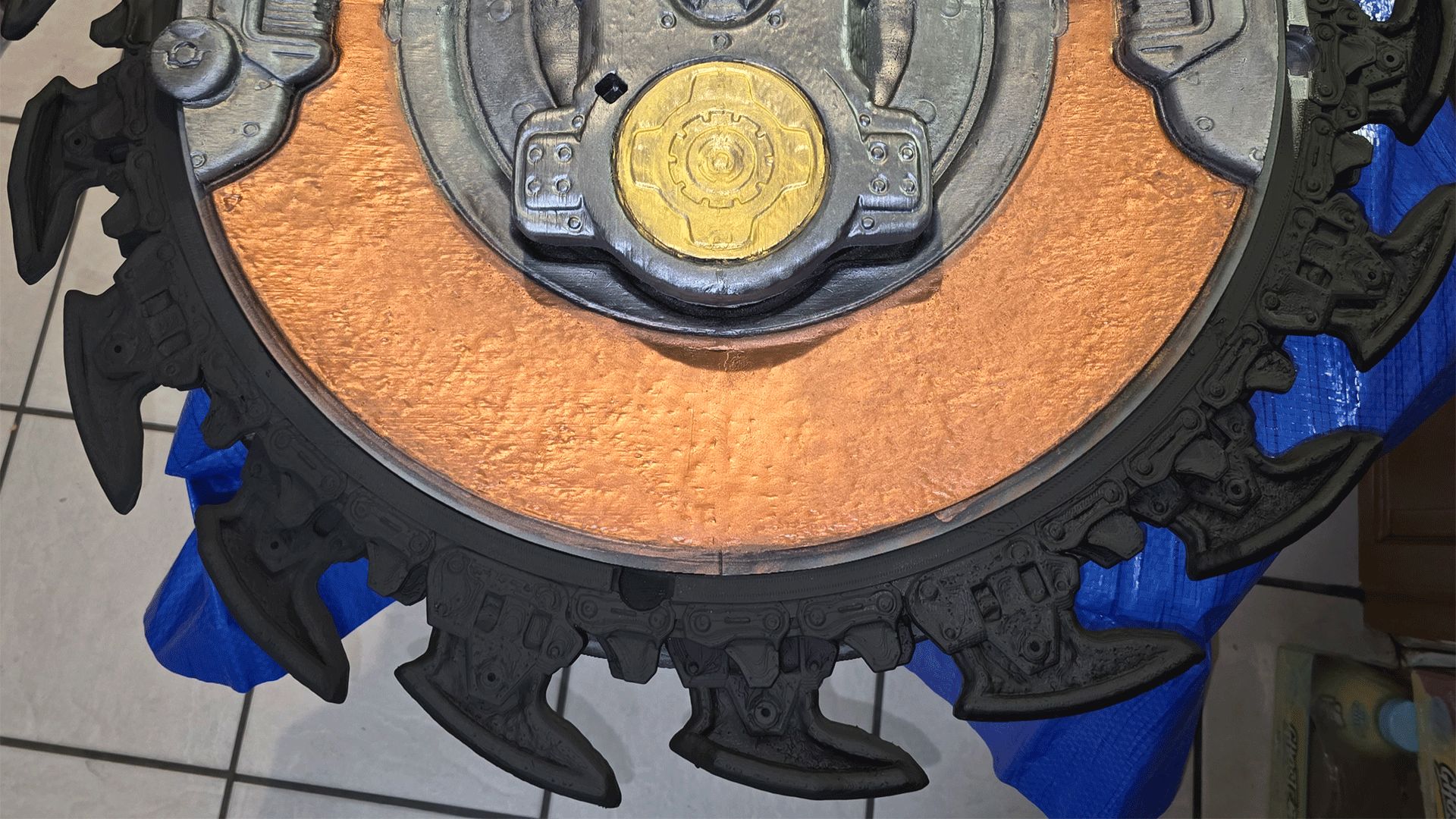 Detail of the primed, unpainted Shield Saw blades.