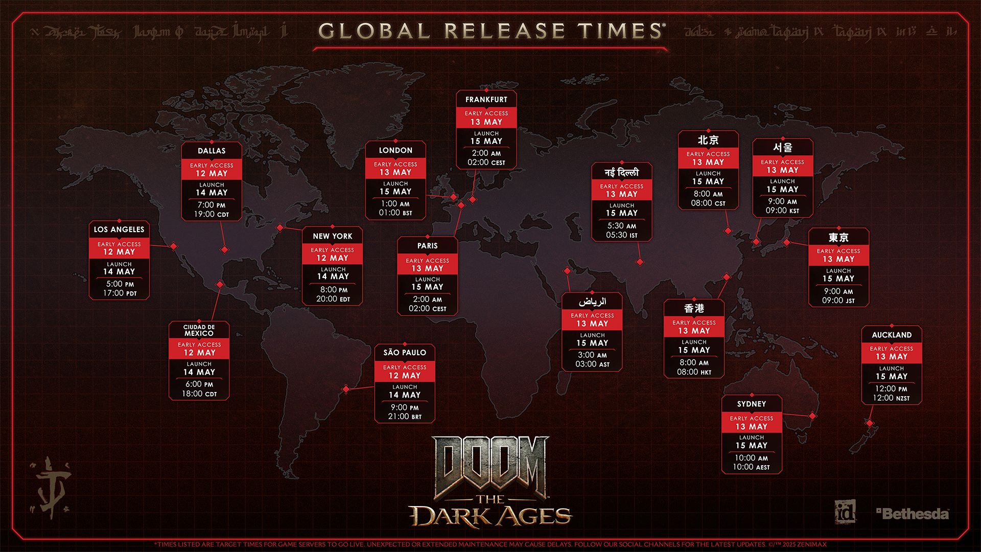 A global map projection listing the times for Early Access and Launch for the game, labeled by region and timezone.