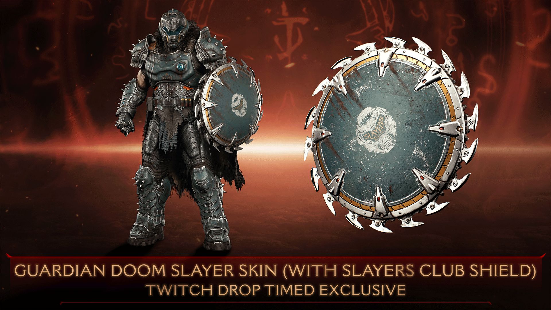 The DOOM Slayer in bluish-grey and gold accent colors. His Shield Saw bears the Slayers Club logo.