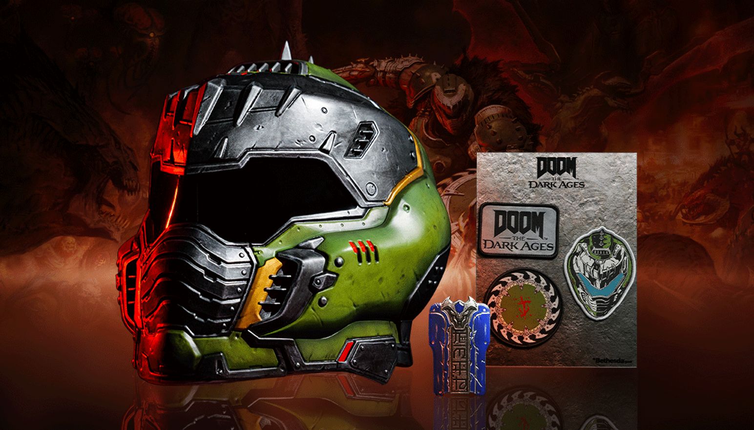 The bundle includes a detailed, wearable DOOM Slayer helmet, zinc alloy keycard and iron-on patches