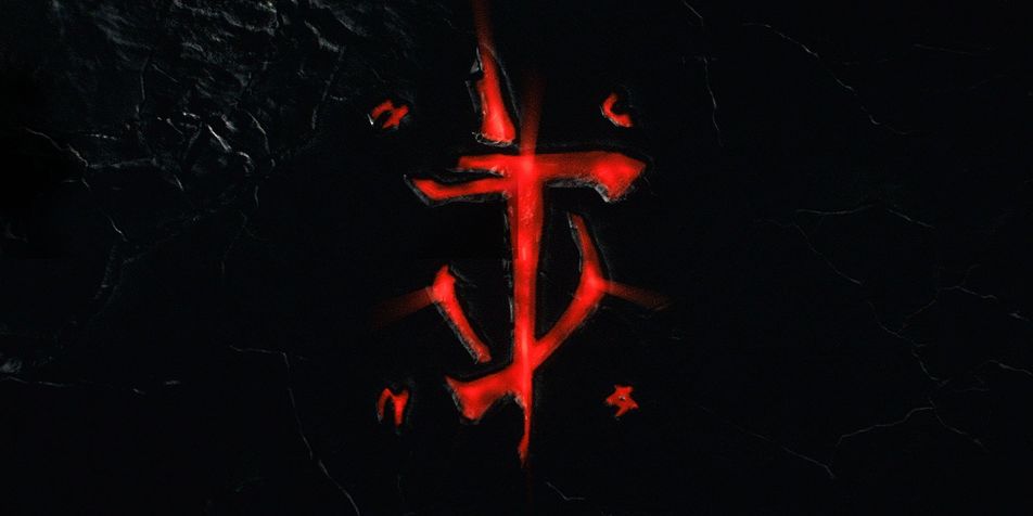 Image of the mark of the slayer in red on a dark slate background