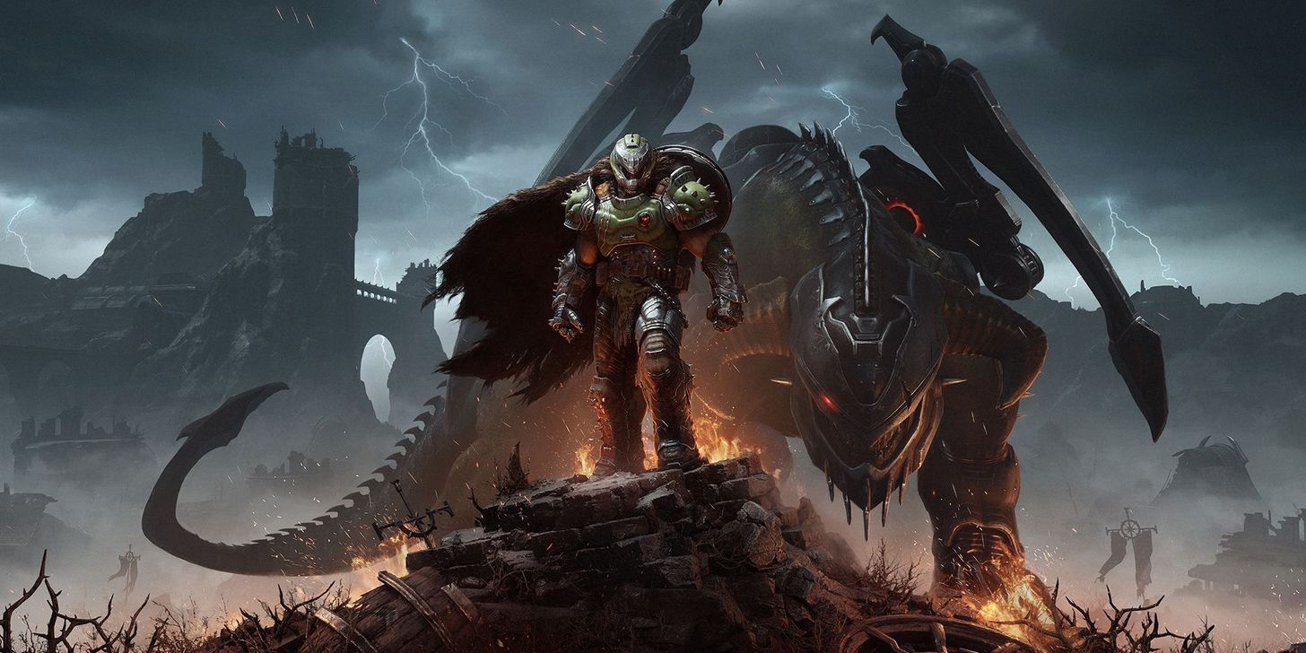 The DOOM Slayer stands tall with his loyal Mecha Dragon, Serrat, watching his back.