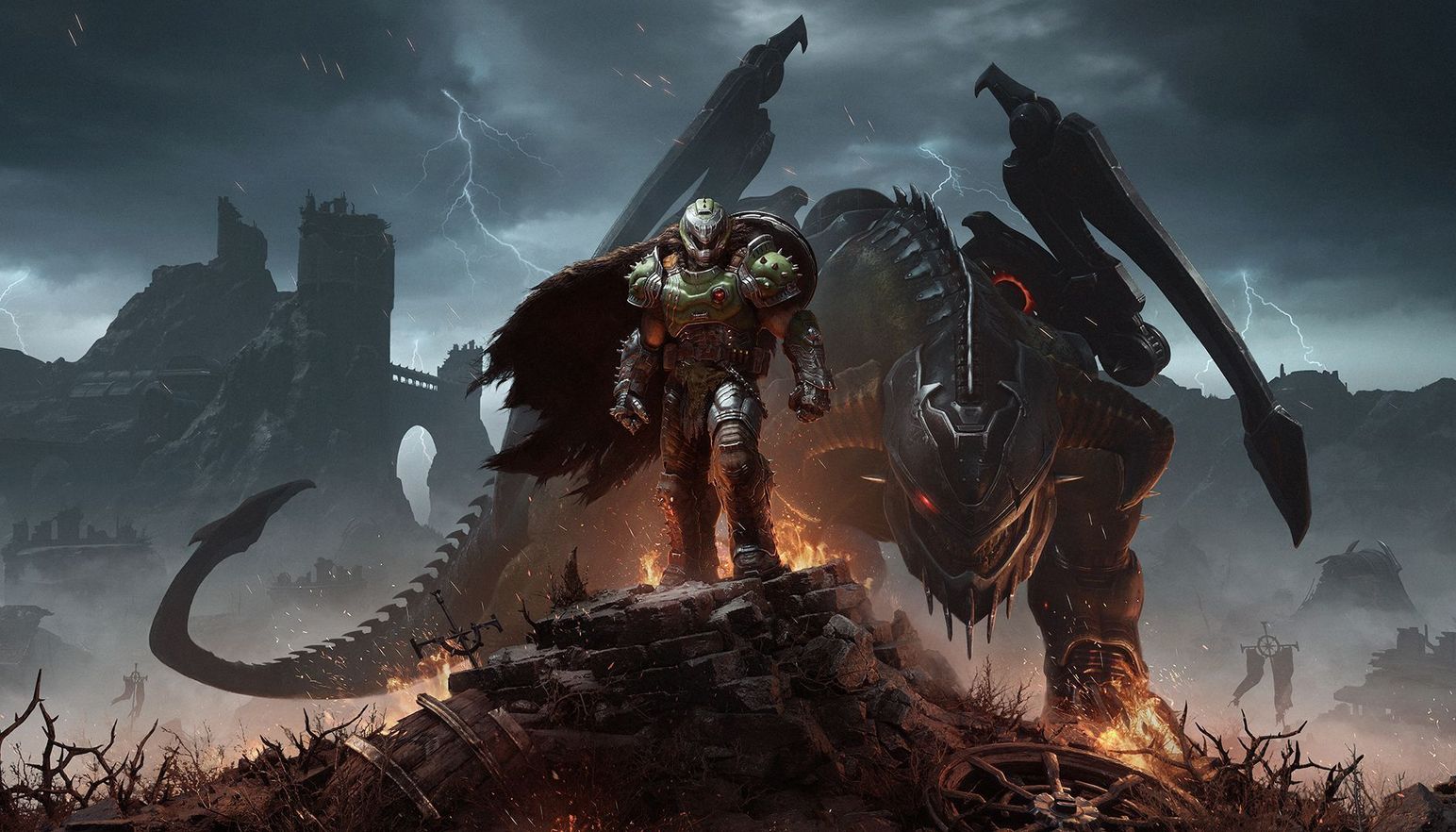 The DOOM Slayer stands tall with his loyal Mecha Dragon, Serrat, watching his back.