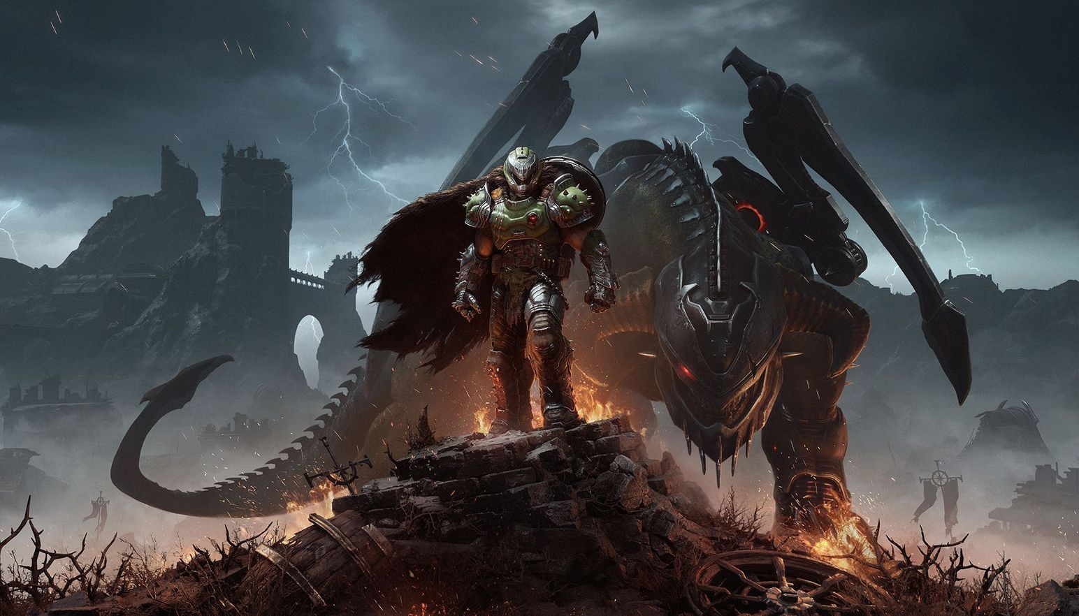 The DOOM Slayer stands tall with his loyal Mecha Dragon, Serrat, watching his back.