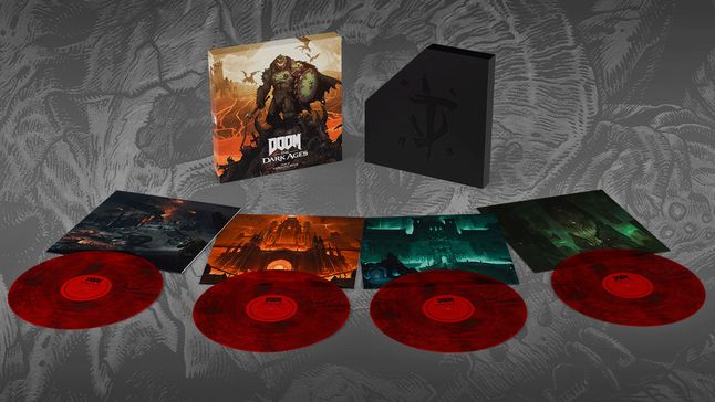 The contents of the DOOM: The Dark Ages Original Soundtrack 4LP Box Set, including four heavyweight LPs with thematic artwork for the inner sleeves. Artwork of the DOOM Slayer armed with his Flail and Shield Saw is featured on the exterior box.