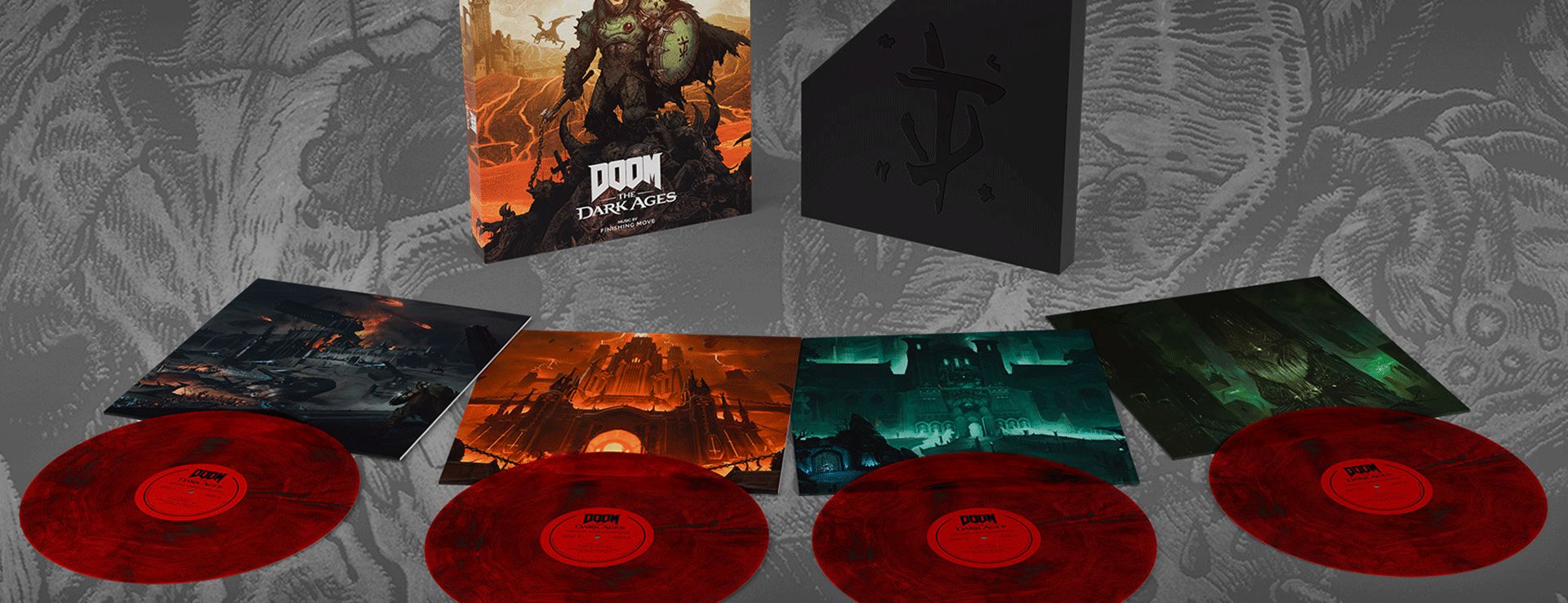 The contents of the DOOM: The Dark Ages Original Soundtrack 4LP Box Set, including four heavyweight LPs with thematic artwork for the inner sleeves. Artwork of the DOOM Slayer armed with his Flail and Shield Saw is featured on the exterior box.