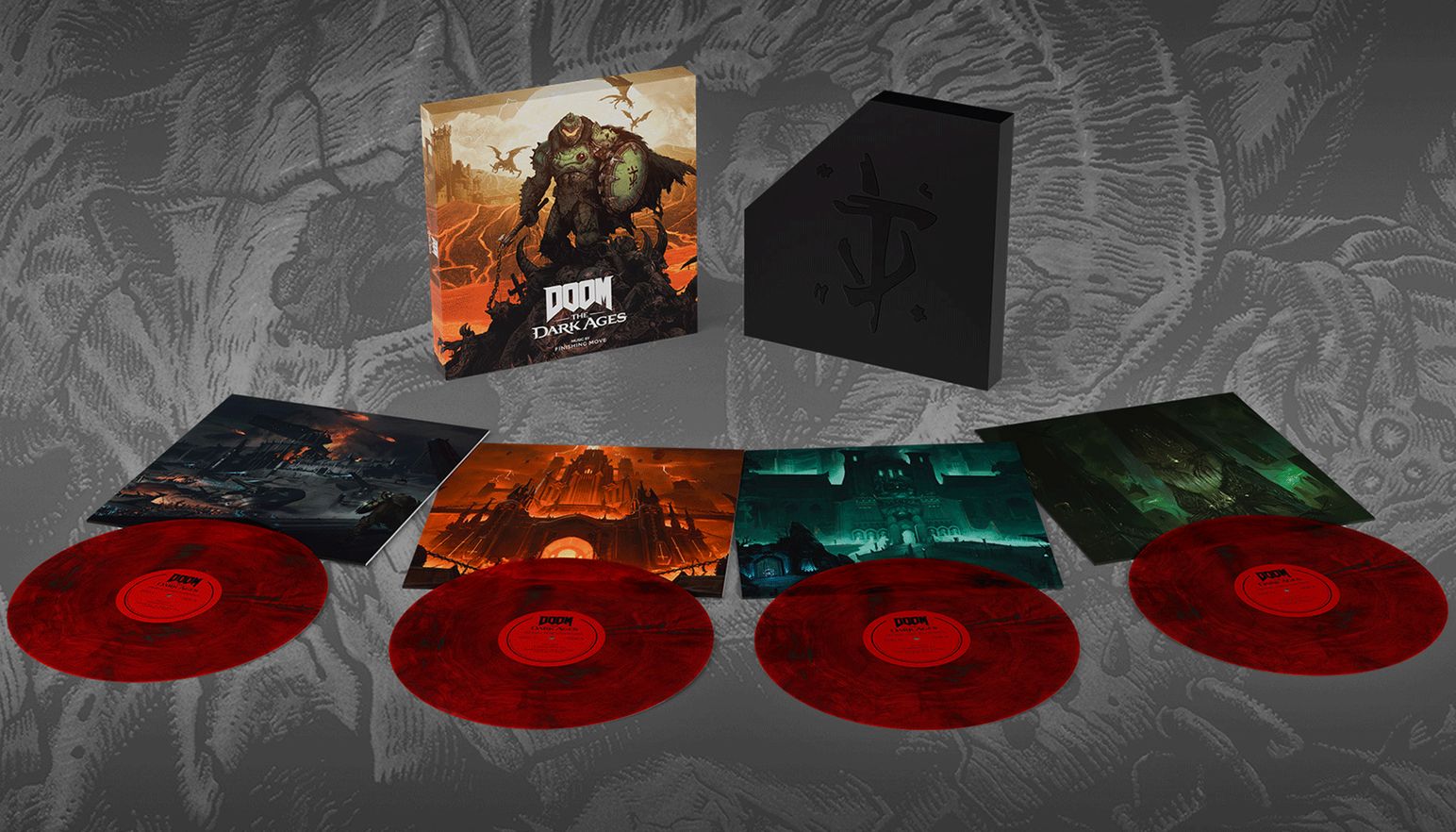 The contents of the DOOM: The Dark Ages Original Soundtrack 4LP Box Set, including four heavyweight LPs with thematic artwork for the inner sleeves. Artwork of the DOOM Slayer armed with his Flail and Shield Saw is featured on the exterior box.