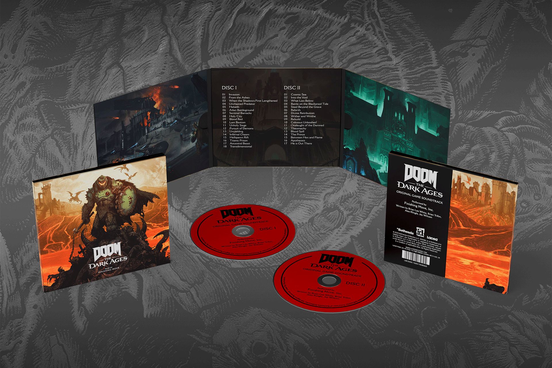 The DOOM: The Dark Ages Original Soundtrack Double CD set, featuring two compact discs packaged in a triple gatefold sleeve.
