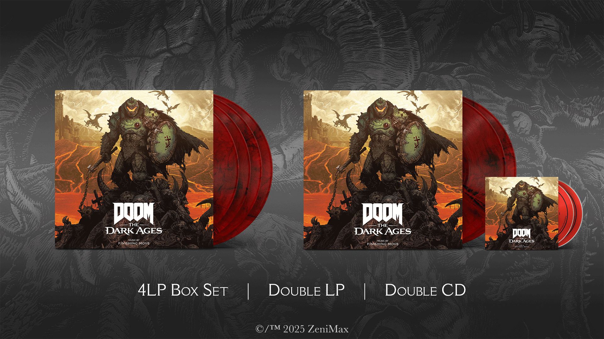 The DOOM: The Dark Ages Original Soundtrack collection, featuring a 4LP Box Set, Double LP and Double CD version. All three feature exterior artwork of the DOOM Slayer posing with his Flail and Shield Saw.