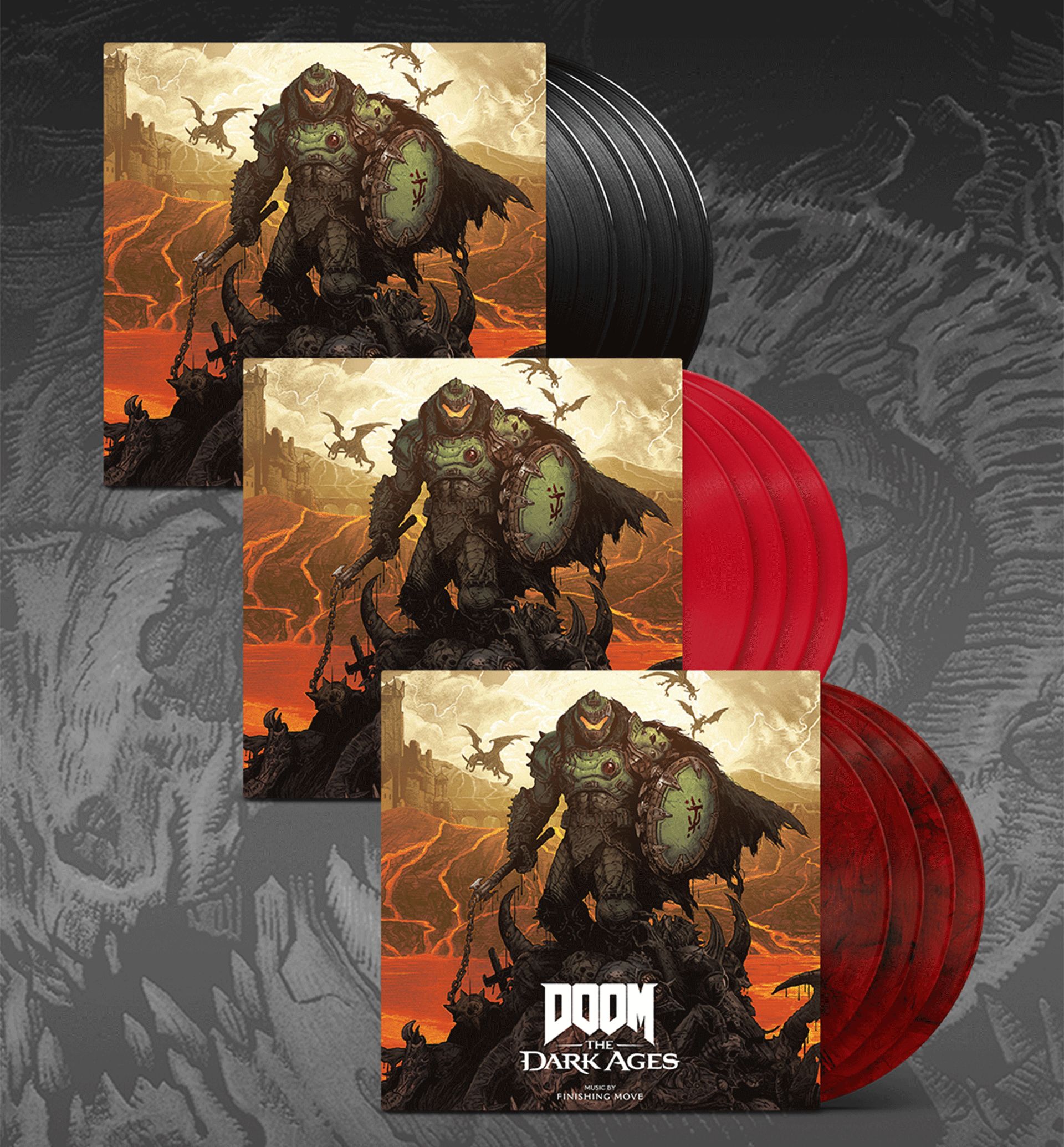 A comparison image of the three LP color variants available: traditional black, translucent red and red-and-black marble. All three versions feature the same exterior artwork of the DOOM Slayer.