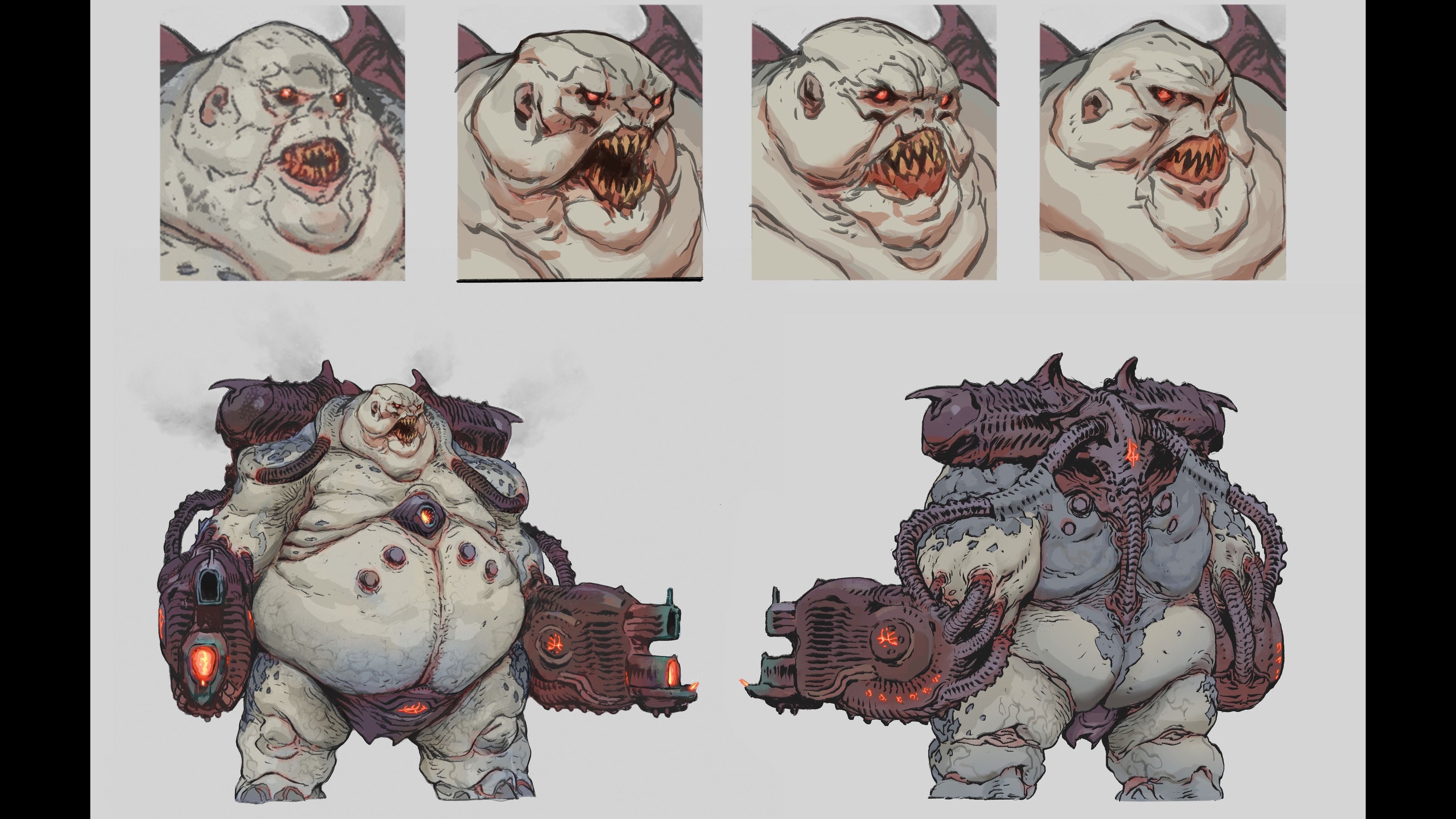 Concept artwork of the Mancubus with bonus closeups of its facial expressions.