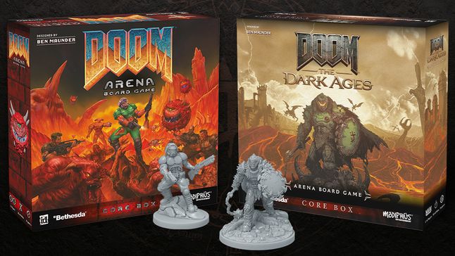 A promotional image of two box sets and miniatures - one themed on DOOM (1993) and the other DOOM: The Dark Ages.