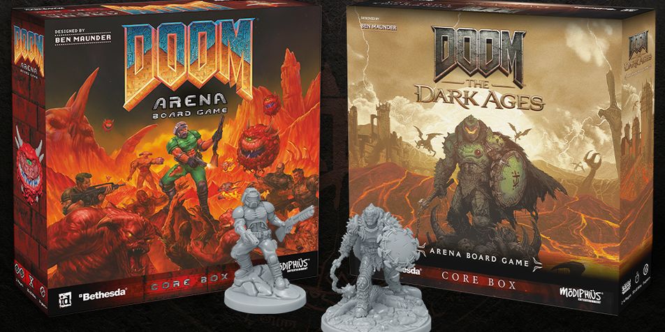 A promotional image of two box sets and miniatures - one themed on DOOM (1993) and the other DOOM: The Dark Ages.