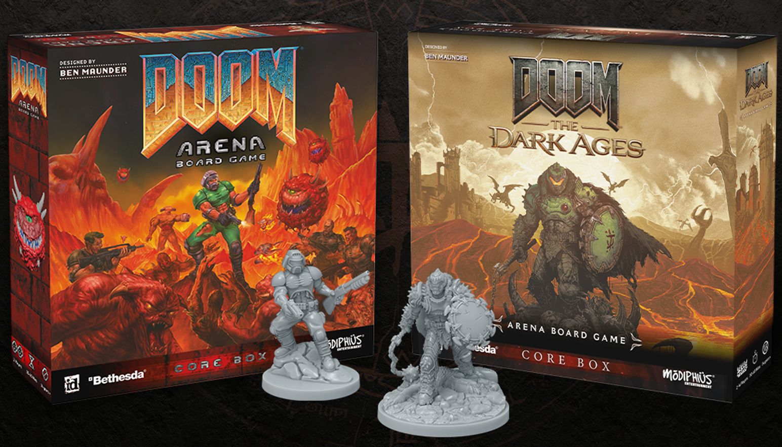 A promotional image of two box sets and miniatures - one themed on DOOM (1993) and the other DOOM: The Dark Ages.