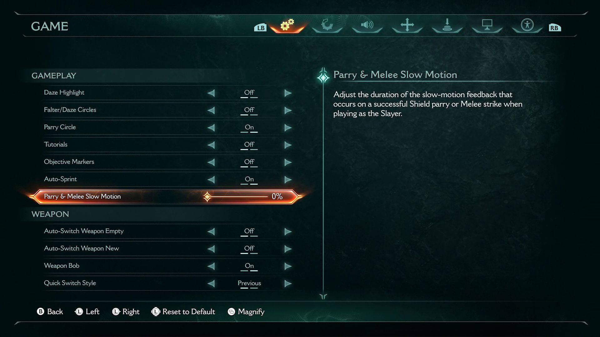 Image of newly added menu options for Parry and Melee Slow Motion duration.