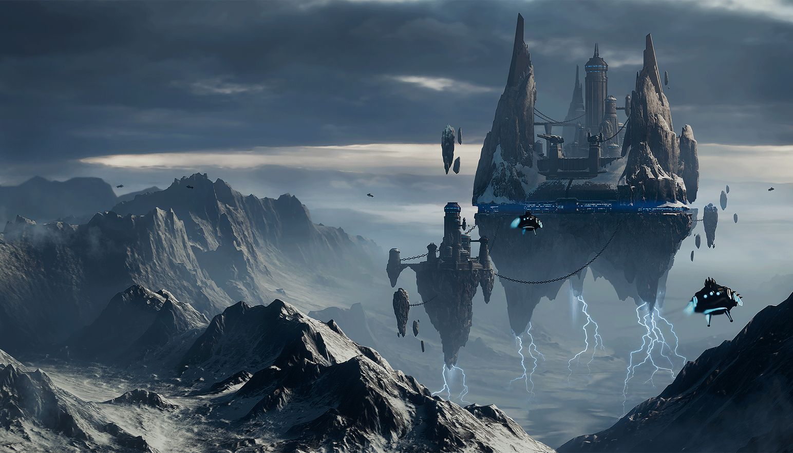 The Sentinel Command Station hovers over windswept mountain peaks.