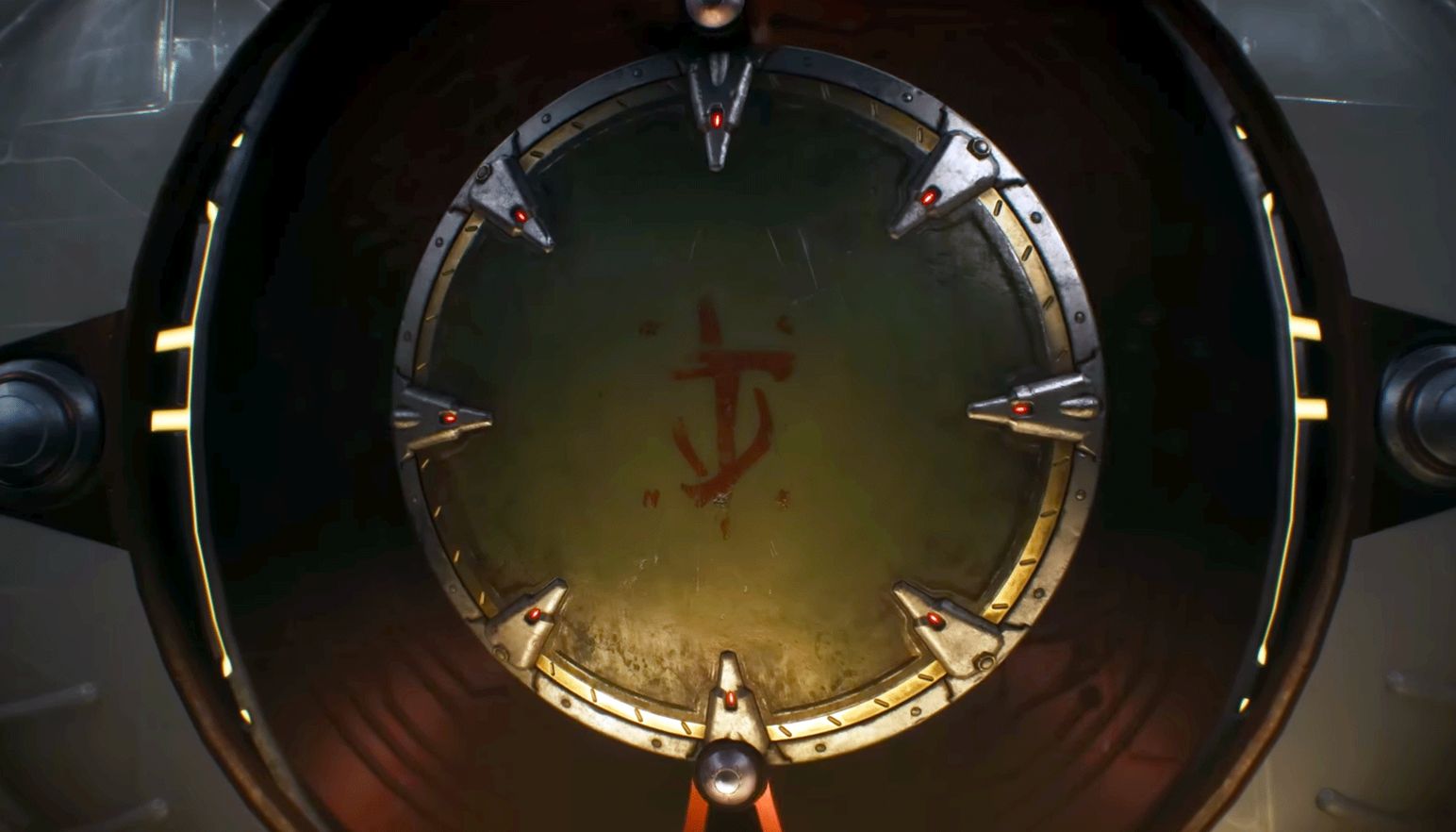 The Slayer's mighty Shield hangs in center, his Mark clearly visible on the front.
